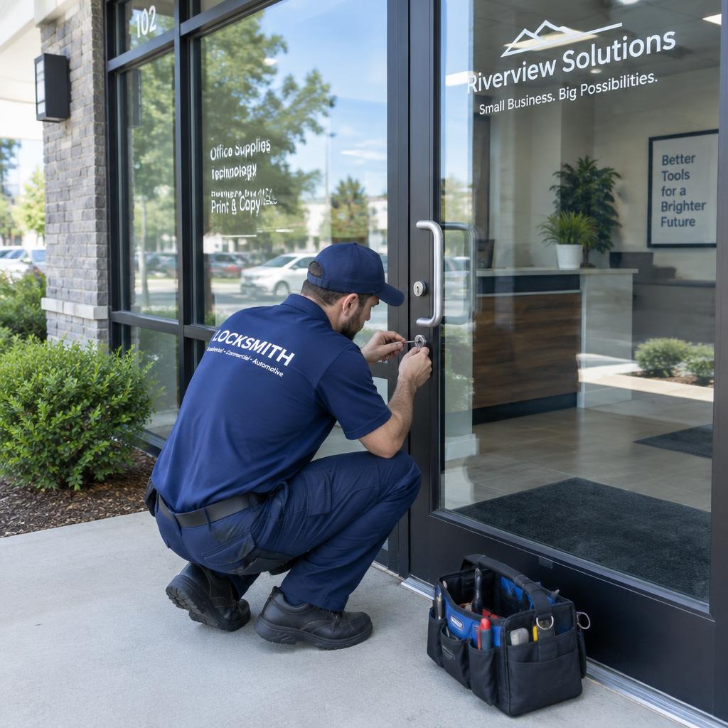Locksmith from Harrisburg Locksmith performing a business lockout service at a commercial storefront in Harrisburg, NC