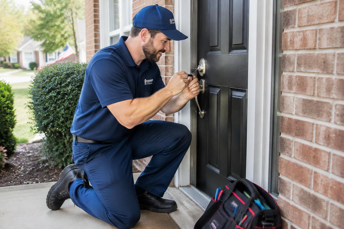 Locksmith from Harrisburg Locksmith performing a house lockout service at a home in Harrisburg, NC